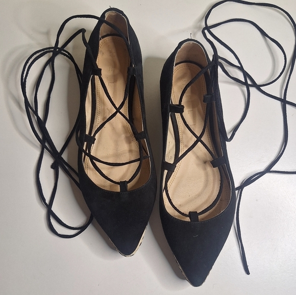 Helia made in spain black suede  pointed toe ballet lace up flats SZ 8 EU 38 - Picture 2 of 10